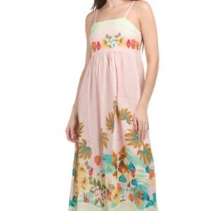 Linen tropical print beach Pink Maxi Dress women’s size L made in Italy